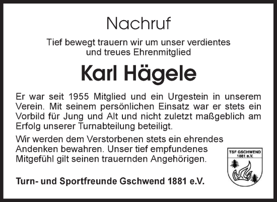 Traueranzeige von Karl Hägele von Rundschau Gaildorf