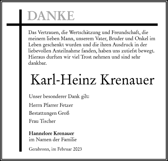 Traueranzeige von Karl-Heinz Krenauer von Hohenloher Tagblatt