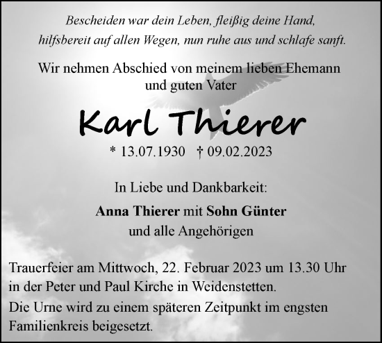 Traueranzeige von Karl Thierer von SÜDWEST PRESSE Ausgabe Ulm/Neu-Ulm