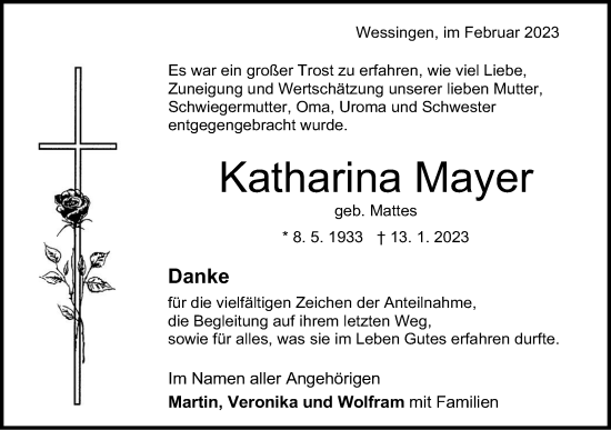 Traueranzeige von Katharina Mayer von Metzinger-Uracher Volksblatt