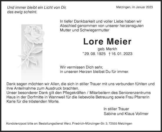 Traueranzeige von Lore Meier von Metzinger-Uracher Volksblatt