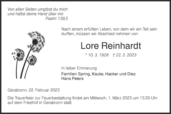 Traueranzeige von Lore Reinhardt von Hohenloher Tagblatt