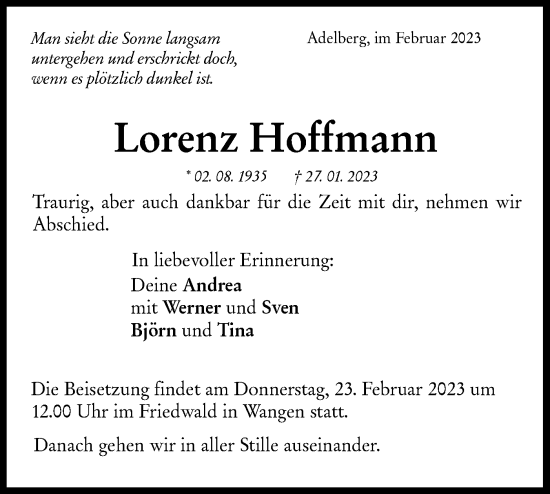 Traueranzeige von Lorenz Hoffmann von NWZ Neue Württembergische Zeitung