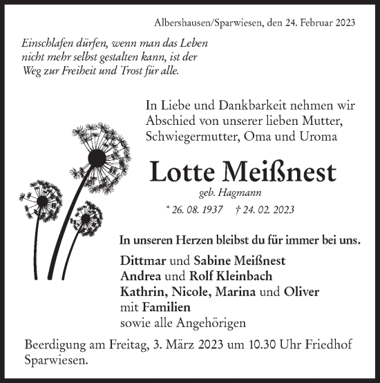 Traueranzeige von Lotte Meißnest von NWZ Neue Württembergische Zeitung