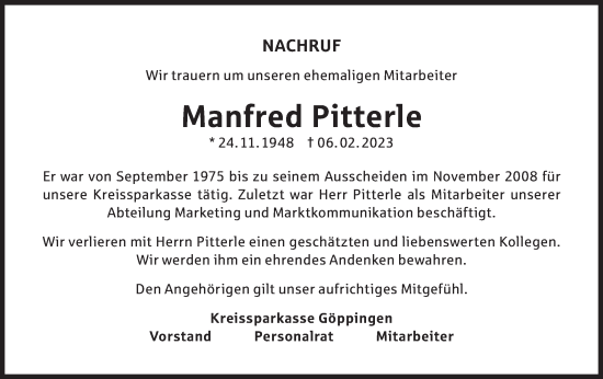 Traueranzeige von Manfred Pitterle von NWZ Neue Württembergische Zeitung/Geislinger Zeitung