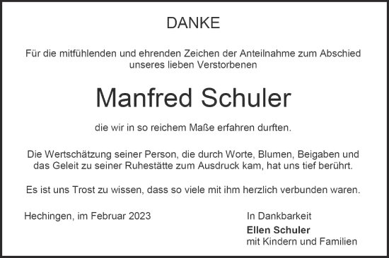 Traueranzeige von Manfred Schuler von Metzinger-Uracher Volksblatt