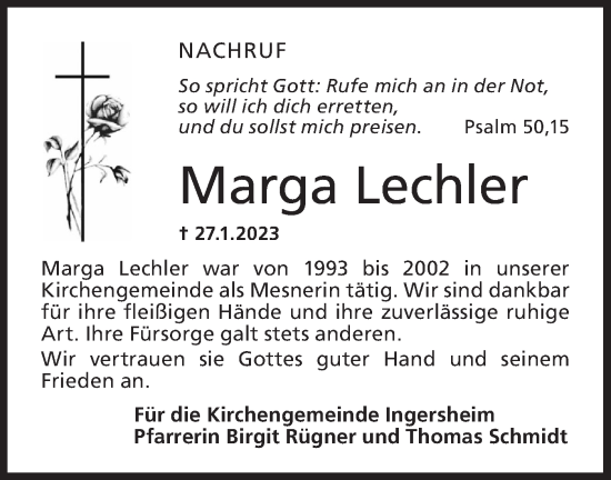 Traueranzeige von Marga Lechler von Hohenloher Tagblatt