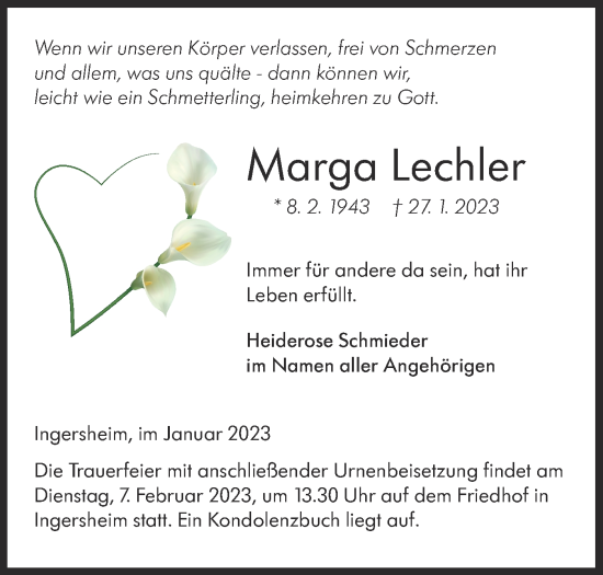 Traueranzeige von Marga Lechler von Hohenloher Tagblatt