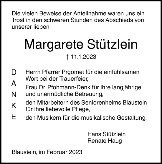 Traueranzeige von Margarete Stützlein von SÜDWEST PRESSE Ausgabe Ulm/Neu-Ulm