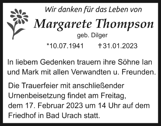 Traueranzeige von Margarete Thompson von Metzinger-Uracher Volksblatt