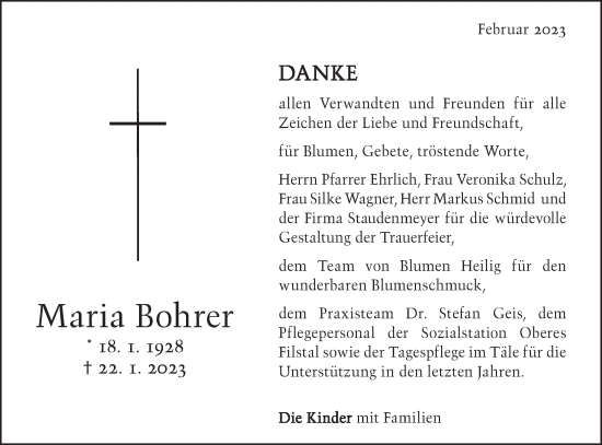 Traueranzeige von Maria Bohrer von Geislinger Zeitung