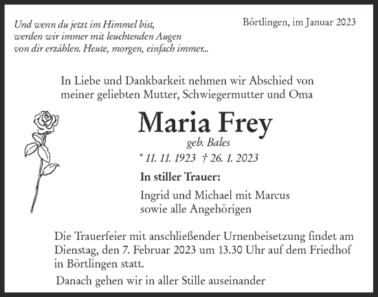 Traueranzeige von Maria Frey von NWZ Neue Württembergische Zeitung