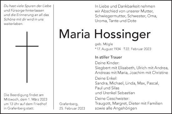 Traueranzeige von Maria Hossinger von Metzinger-Uracher Volksblatt