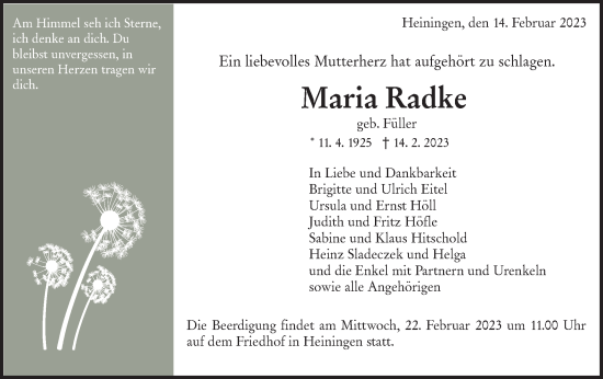 Traueranzeige von Maria Radke von NWZ Neue Württembergische Zeitung