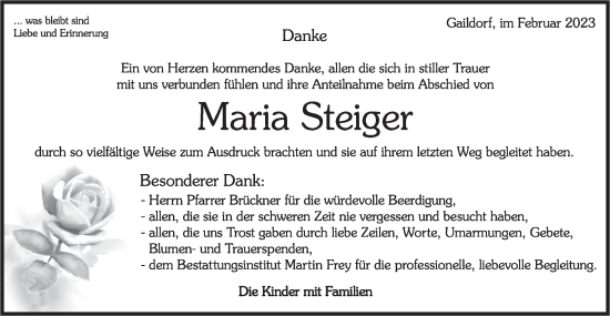 Traueranzeige von Maria Steiger von Rundschau Gaildorf