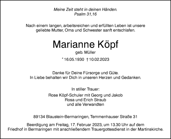 Traueranzeige von Marianne Köpf von SÜDWEST PRESSE Ausgabe Ulm/Neu-Ulm