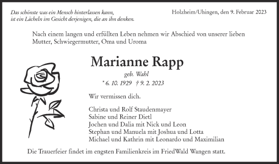 Traueranzeige von Marianne Rapp von NWZ Neue Württembergische Zeitung