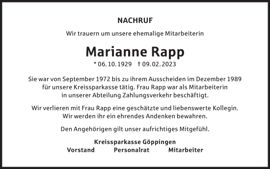 Traueranzeige von Marianne Rapp von NWZ Neue Württembergische Zeitung/Geislinger Zeitung