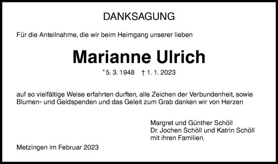 Traueranzeige von Marianne Ulrich von Metzinger-Uracher Volksblatt