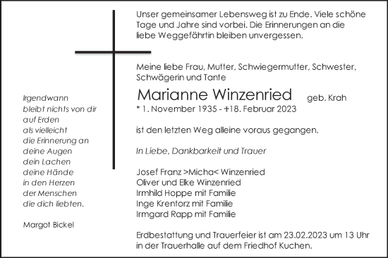 Traueranzeige von Marianne Winzenried von Geislinger Zeitung