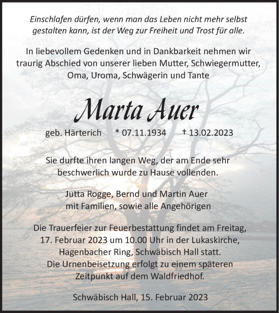 Traueranzeige von Marta Auer von Haller Tagblatt