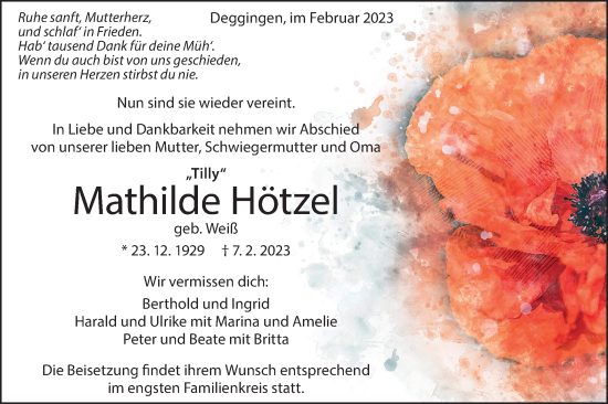 Traueranzeige von Mathilde Hötzel von Geislinger Zeitung