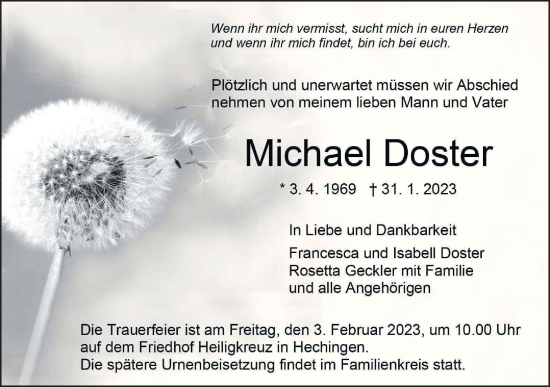 Traueranzeige von Michael Doster von Metzinger-Uracher Volksblatt