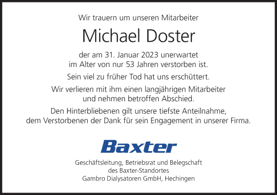 Traueranzeige von Michael Doster von Metzinger-Uracher Volksblatt