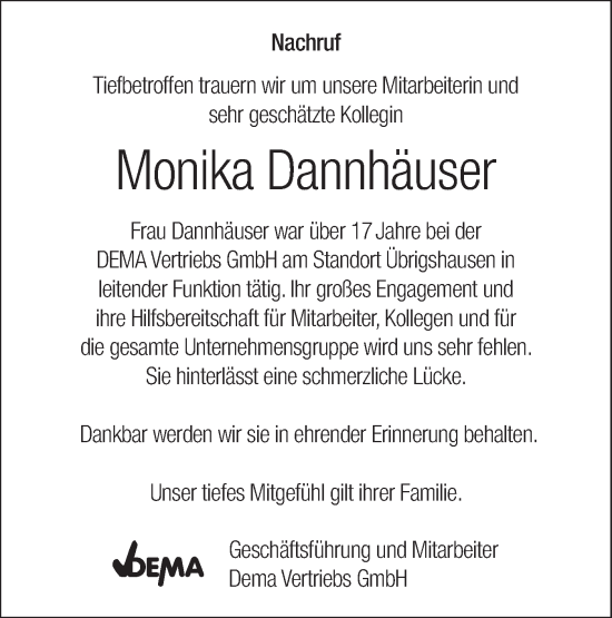 Traueranzeige von Monika Dannhäuser von Haller Tagblatt