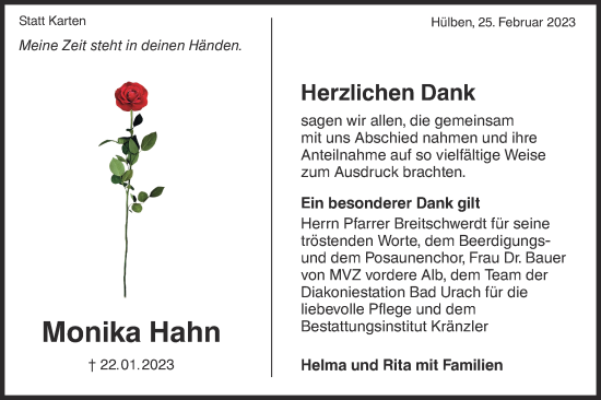 Traueranzeige von Monika Hahn von Metzinger-Uracher Volksblatt