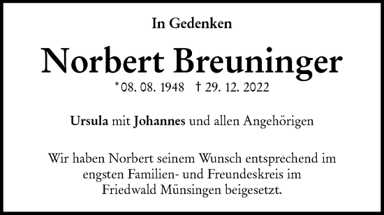 Traueranzeige von Norbert Breuninger von Metzinger-Uracher Volksblatt