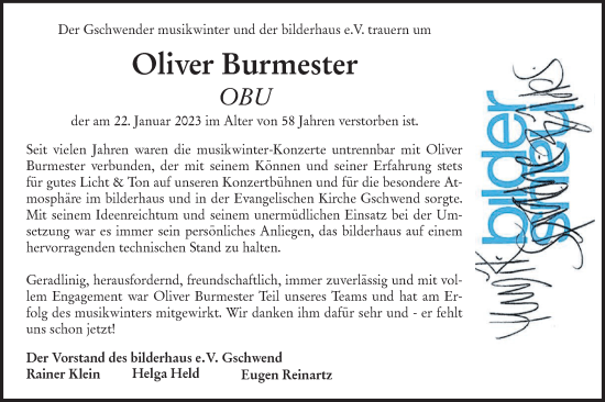 Traueranzeige von Oliver Burmester von Rundschau Gaildorf