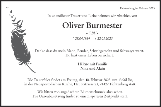 Traueranzeige von Oliver Burmester von Rundschau Gaildorf