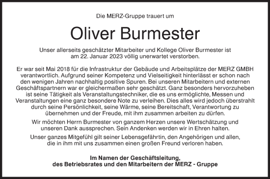 Traueranzeige von Oliver Burmester von Rundschau Gaildorf