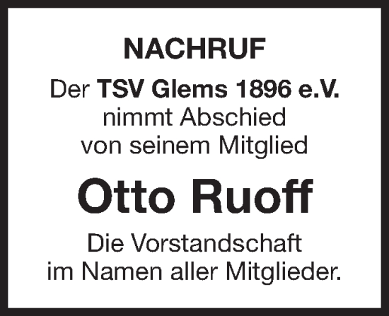 Traueranzeige von Otto Ruoff von Metzinger-Uracher Volksblatt