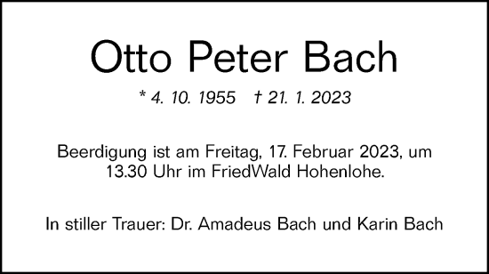 Traueranzeige von Otto Peter Bach von Hohenloher Tagblatt