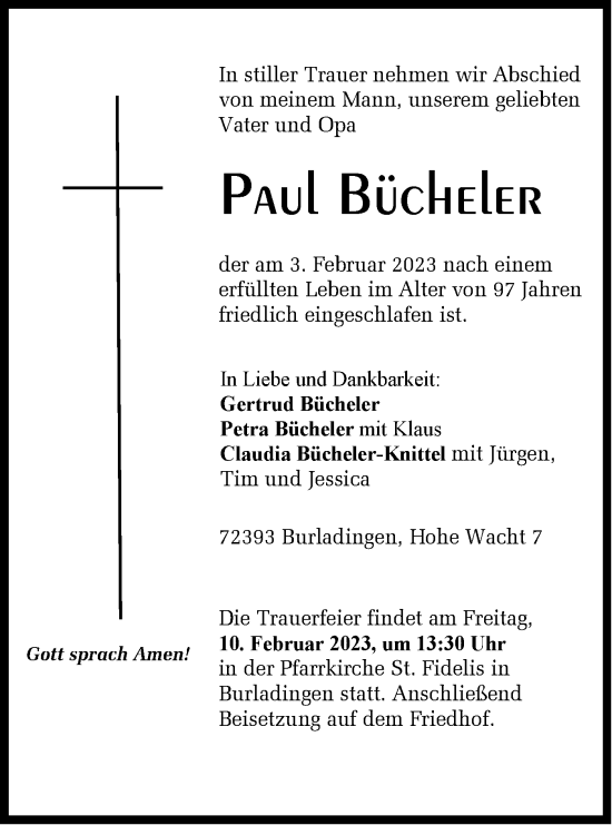 Traueranzeige von Paul Bücheler von Metzinger-Uracher Volksblatt