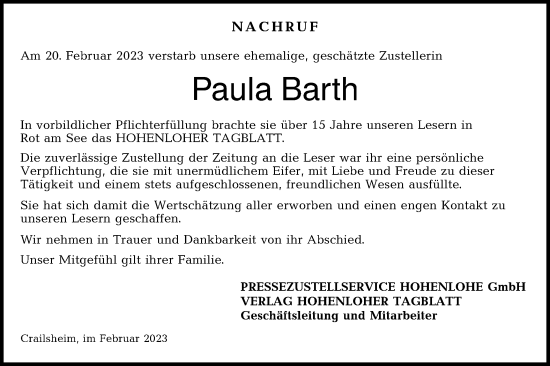 Traueranzeige von Paula Barth von Hohenloher Tagblatt