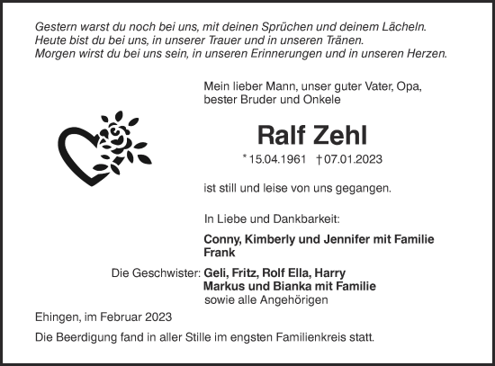 Traueranzeige von Ralf Zehl von Ehinger Tagblatt