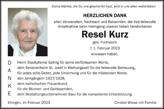 Traueranzeige von Resel Kurz von Ehinger Tagblatt