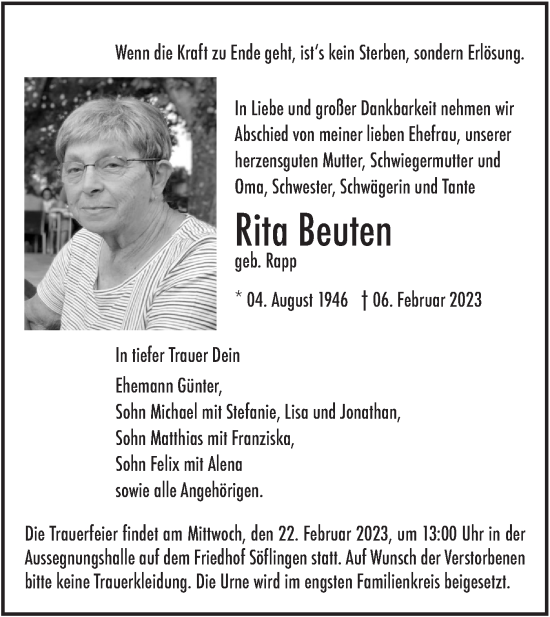 Traueranzeige von Rita Beuten von SÜDWEST PRESSE Ausgabe Ulm/Neu-Ulm