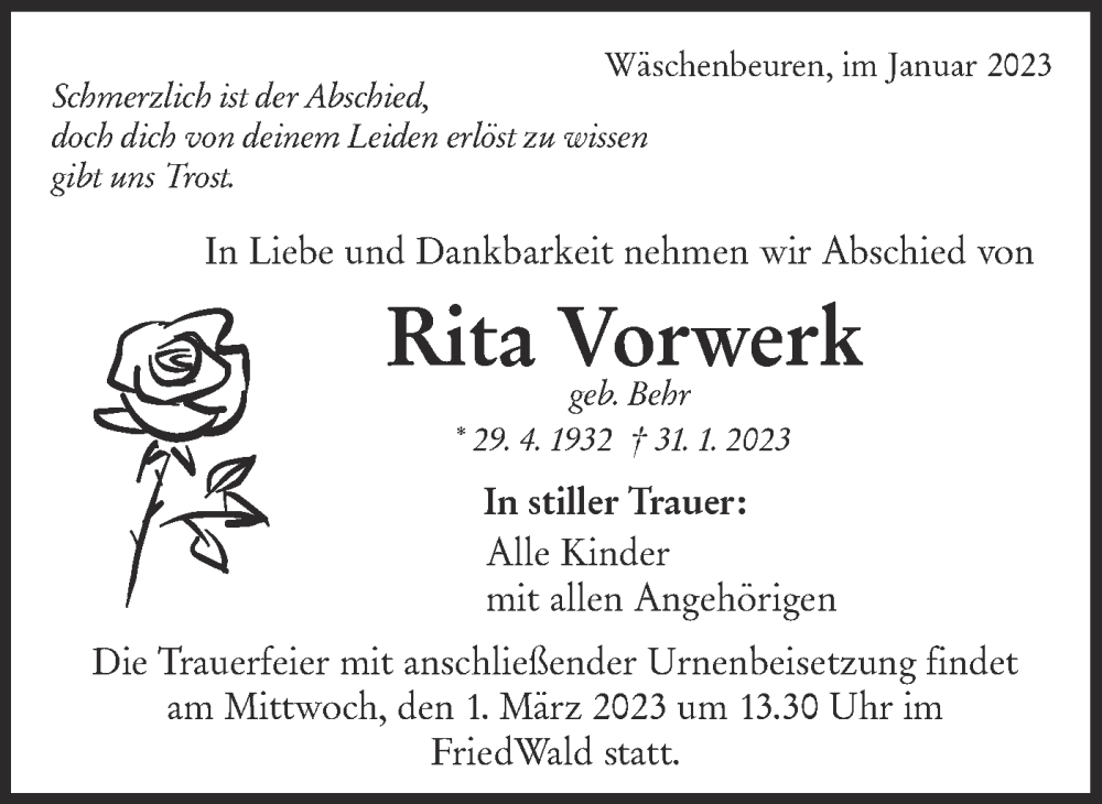  Traueranzeige für Rita Vorwerk vom 25.02.2023 aus NWZ Neue Württembergische Zeitung