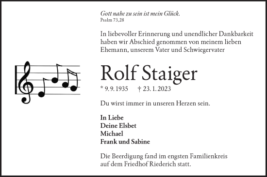 Traueranzeige von Rolf Staiger von Metzinger-Uracher Volksblatt