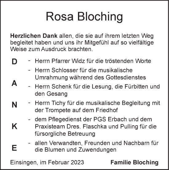 Traueranzeige von Rosa Bloching von SÜDWEST PRESSE Ausgabe Ulm/Neu-Ulm