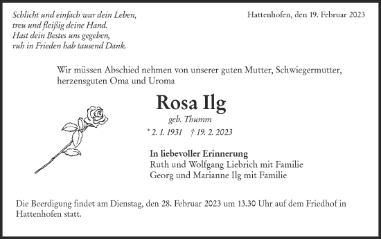 Traueranzeige von Rosa Ilg von NWZ Neue Württembergische Zeitung