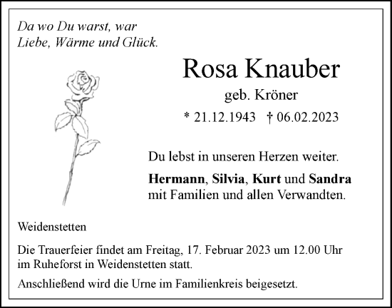 Traueranzeige von Rosa Knauber von SÜDWEST PRESSE Ausgabe Ulm/Neu-Ulm