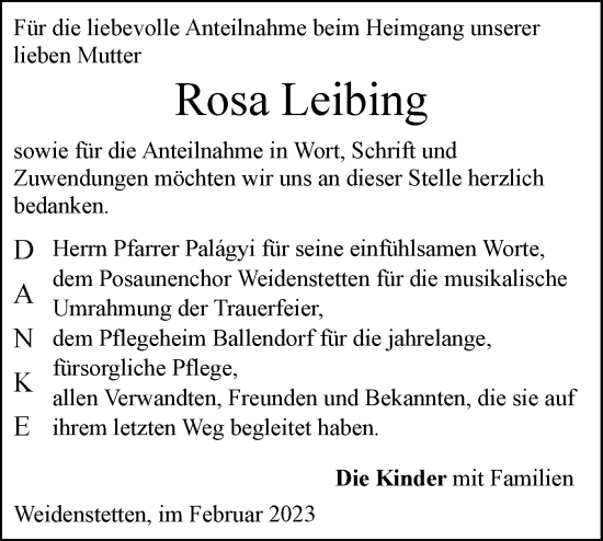 Traueranzeige von Rosa Leibing von SÜDWEST PRESSE Ausgabe Ulm/Neu-Ulm