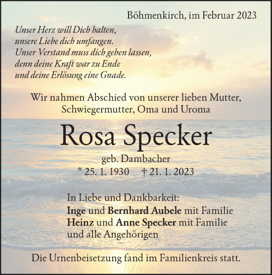 Traueranzeige von Rosa Specker von Geislinger Zeitung