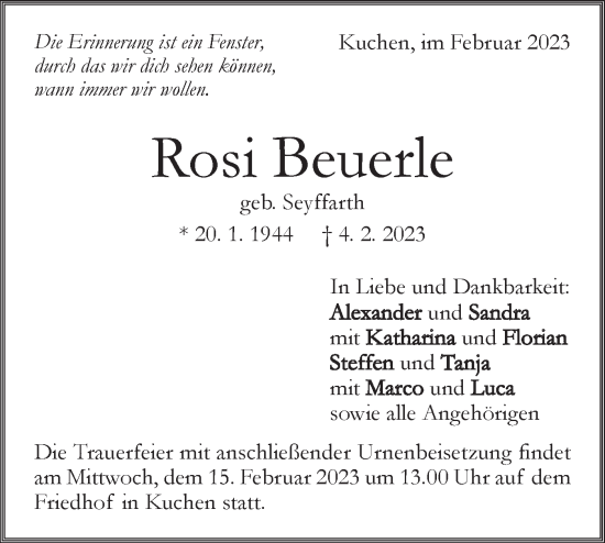 Traueranzeige von Rosi Beuerle von Geislinger Zeitung