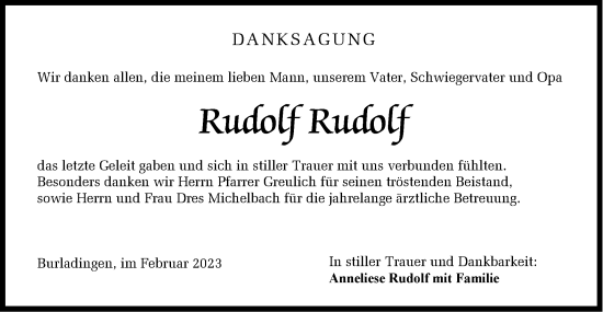 Traueranzeige von Rudolf Rudolf von Metzinger-Uracher Volksblatt